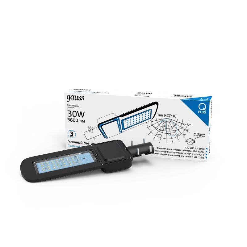 Светильник светодиодный Qpus 370х145х45 30Вт 5000К 3600лм IP65 110-260В уличный КСС "Ш" 1/6 Gauss 629535330