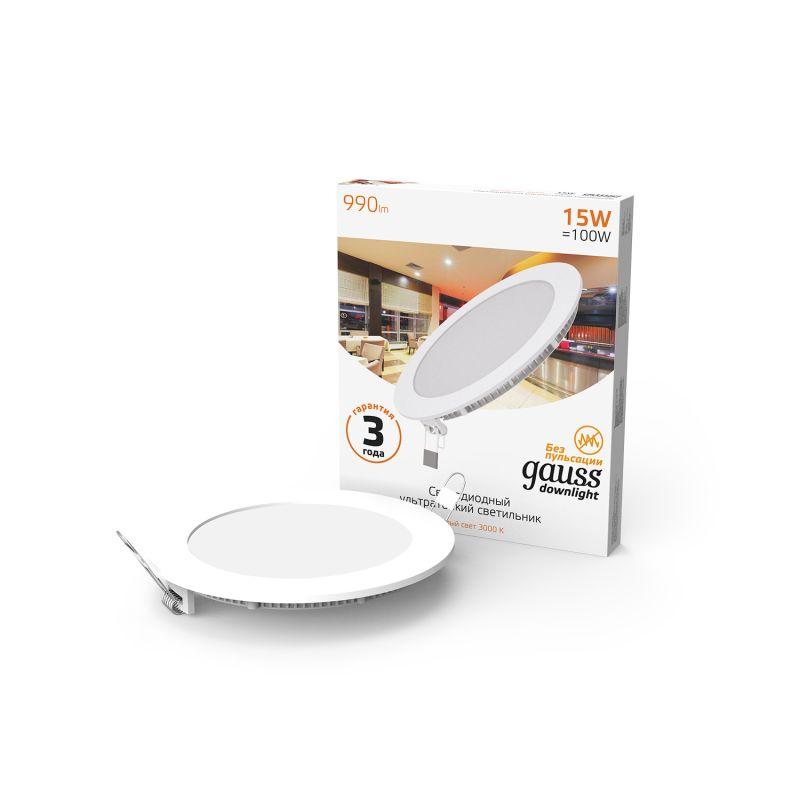 Светильник светодиодный встраиваемый ДВО-15 Вт 990 Лм 3000К круг IP20 монтажный d155 мм 170х22 мм 180-265 В Slim Gauss (939111115)