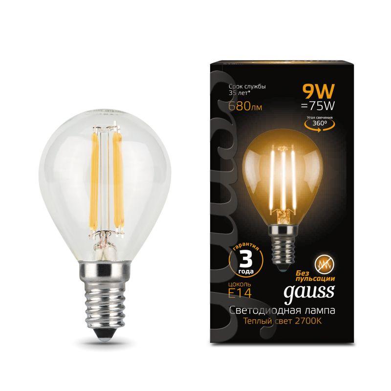 Лампа светодиодная LED 9 Вт 680 Лм 2700К теплая Е14 Шар Filament Gauss (105801109)