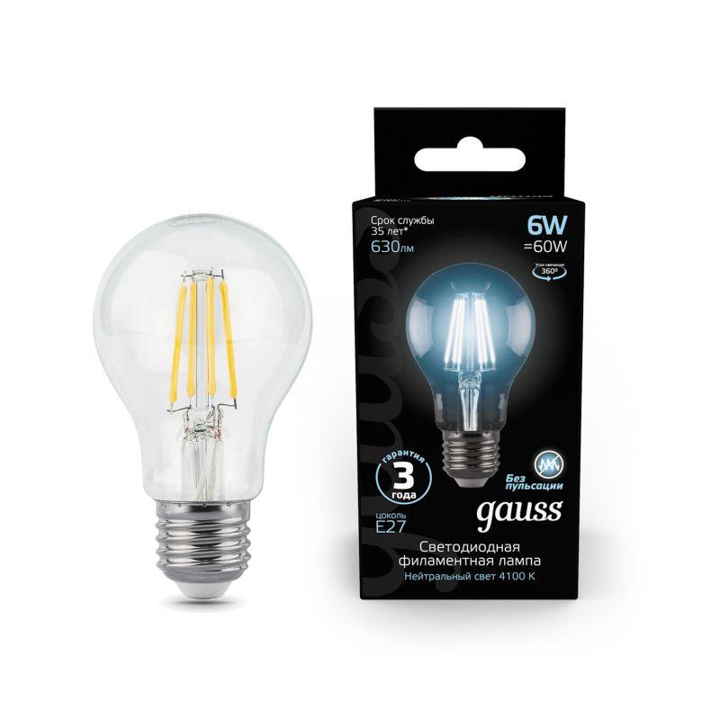 Лампа светодиодная LED 6 Вт 630 Лм 4100К белая Е27 А60 Filament Gauss (102802206)