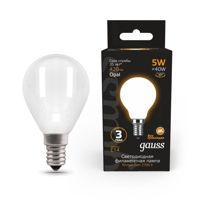 Лампа светодиодная LED 5 Вт 420 Лм 2700К теплая Е14 Шар milky Filament Gauss (105201105)