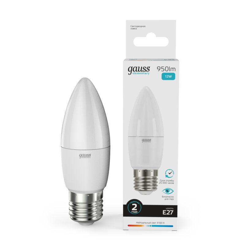 Лампа светодиодная LED 12 Вт 950 Лм белая 4100К E27 свеча Elementary Gauss (30222)