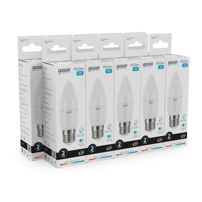 Лампа светодиодная LED 12 Вт 950 Лм белая 4100К E27 свеча Elementary Gauss (30222)