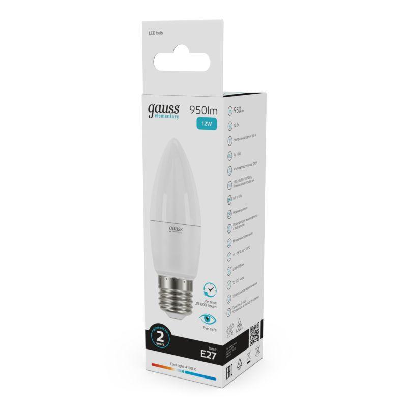 Лампа светодиодная LED 12 Вт 950 Лм белая 4100К E27 свеча Elementary Gauss (30222)