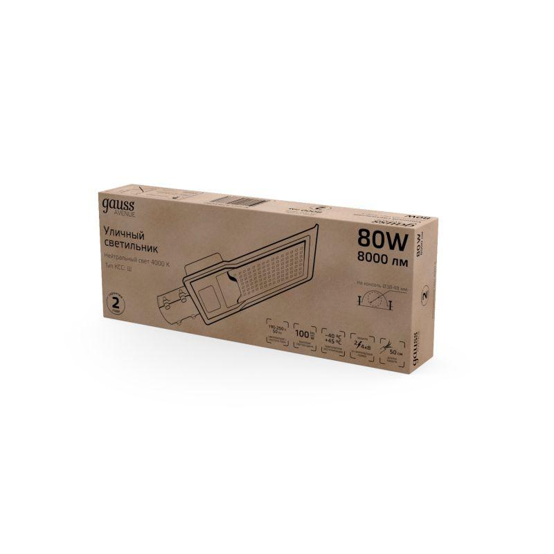 Светильник светодиодный Avenue ДКУ 80Вт 4000К IP65 8000лм 420х160х57 190-250В КСС "Ш" GAUSS 629534280
