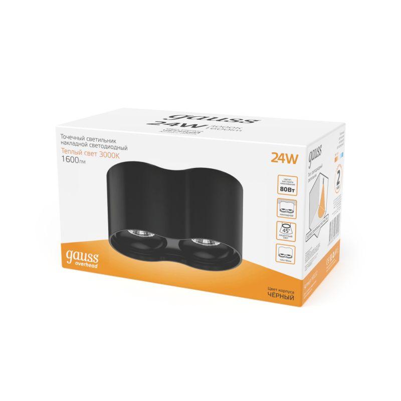 Светильник светодиодный накладной ДПО 24 Вт 1600 Лм 3000К двойной цилиндр черный IP20 LED 180х100 мм 170-240 В Overhead Gauss (HD033)