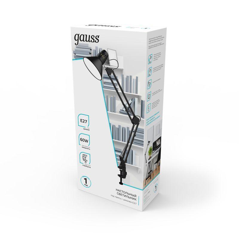 Светильник настольный 60 Вт E27 черный струбцина модель GTL001 220-240 В Gauss (GT0012)
