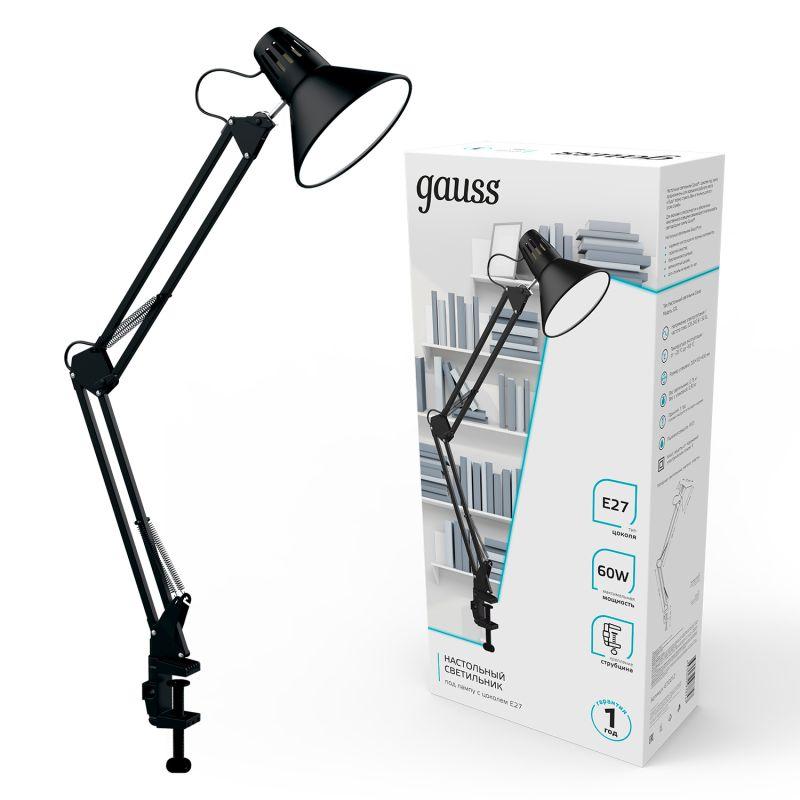 Светильник настольный 60 Вт E27 черный струбцина модель GTL001 220-240 В Gauss (GT0012)