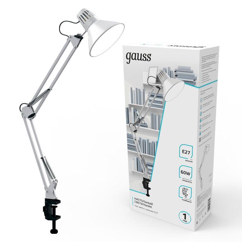Светильник настольный 60 Вт E27 белый струбцина модель GTL001 220-240 В Gauss (GT0011)