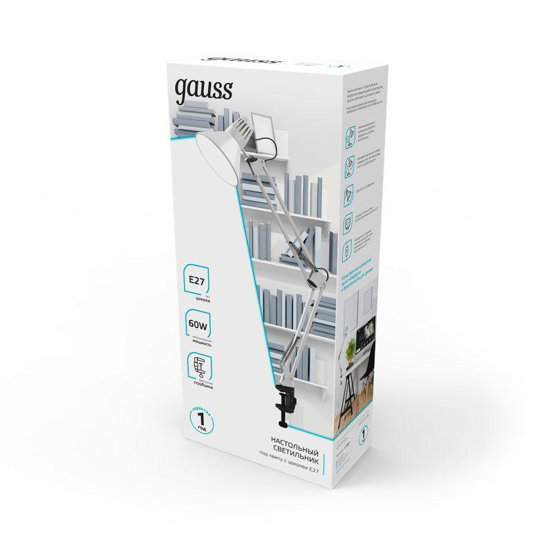 Светильник настольный 60 Вт E27 белый струбцина модель GTL001 220-240 В Gauss (GT0011)