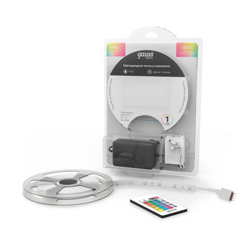 Лента светодиодная LED 6 Вт/м 390 Лм/м 5050-SMD 60 (30RGB+30W) шт/м 12 В DC RGBW RGBW IP20 блистер (3 м ) (комплект) Basic Gauss (BT010)
