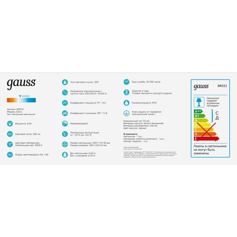 Светильник светодиодный настенный ДПБ-6 Вт 300 Лм 200-240 В 290 мм LED акцентный BR032 Elena Gauss (BR032)
