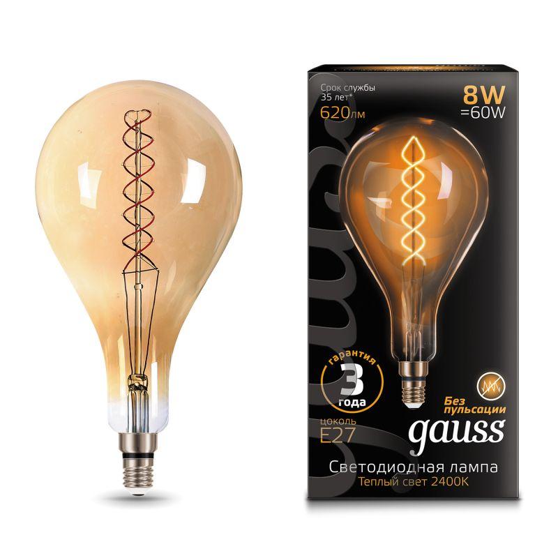 Лампа светодиодная филаментная Filament 8Вт A160 2400К тепл. бел. E27 620лм flexible golden GAUSS 150802008