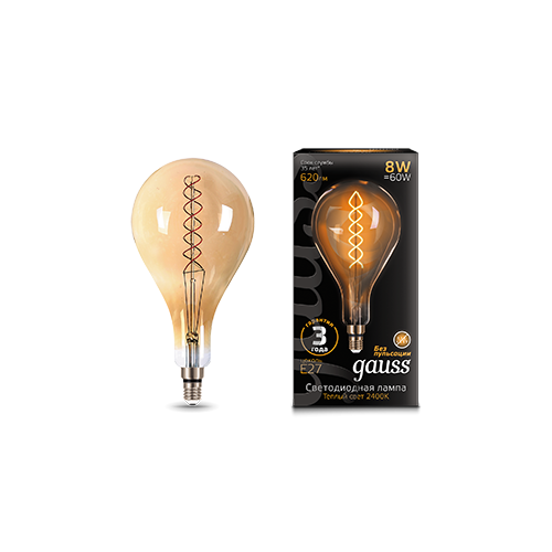 Лампа светодиодная филаментная Filament 8Вт A160 2400К тепл. бел. E27 620лм flexible golden GAUSS 150802008