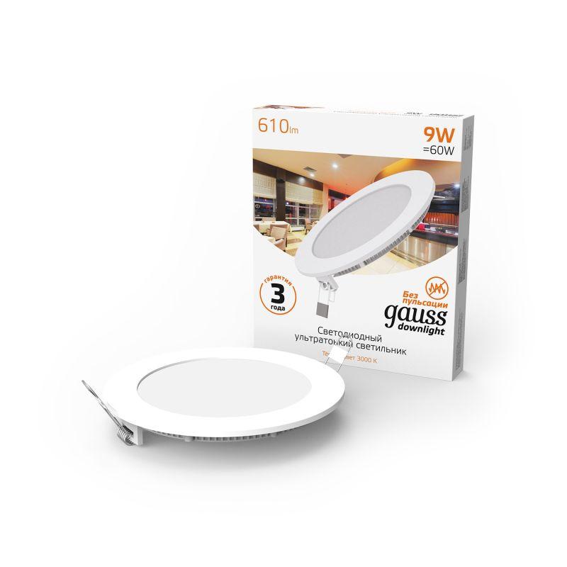 Светильник светодиодный Slim ДВО 9Вт 3000К IP20 610лм 180-265В d130мм 145х22мм кругл. встраив. монтажный GAUSS 939111109