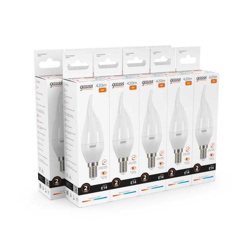 Лампа светодиодная Elementary 6Вт свеча на ветру 3000К тепл. бел. E14 420лм GAUSS 34116
