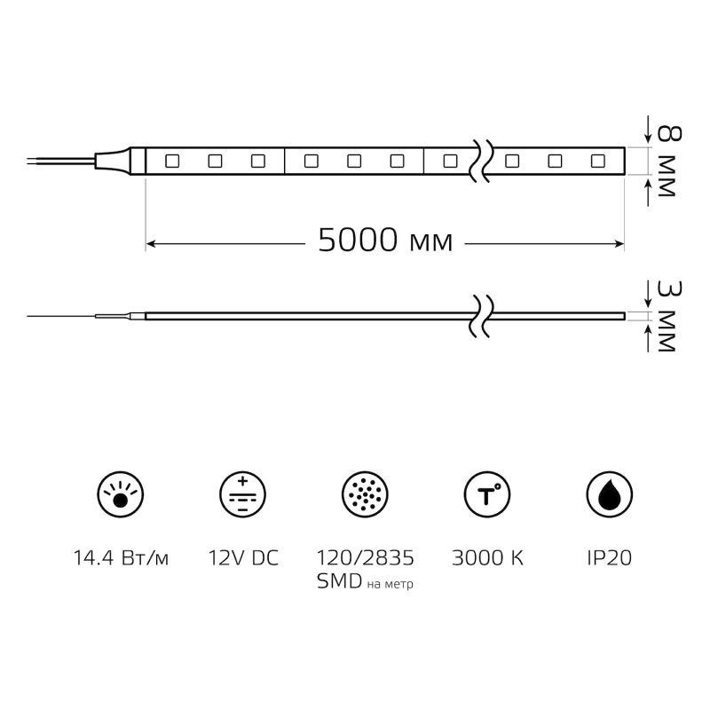 Лента светодиодная LED 14,4 Вт/м 1400 Лм/м 2835-SMD 120 шт/м 12 В DC 3000К теплый белый IP20 блистер (5 м ) (комплект) Basic Gauss (BT085)
