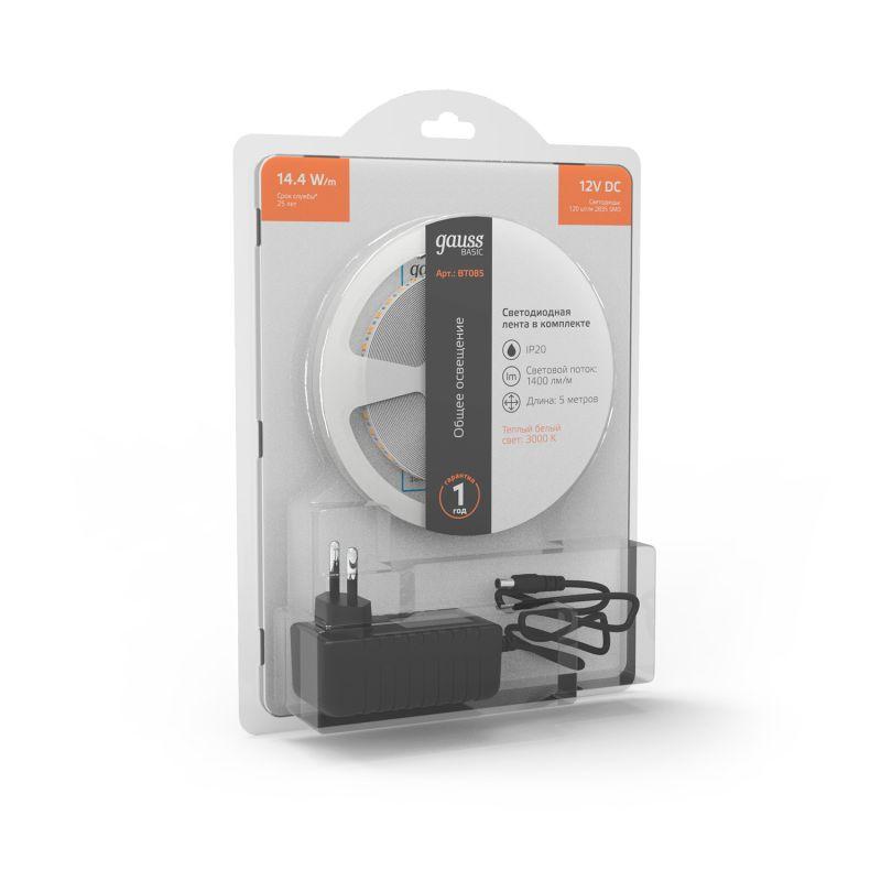 Лента светодиодная LED 14,4 Вт/м 1400 Лм/м 2835-SMD 120 шт/м 12 В DC 3000К теплый белый IP20 блистер (5 м ) (комплект) Basic Gauss (BT085)