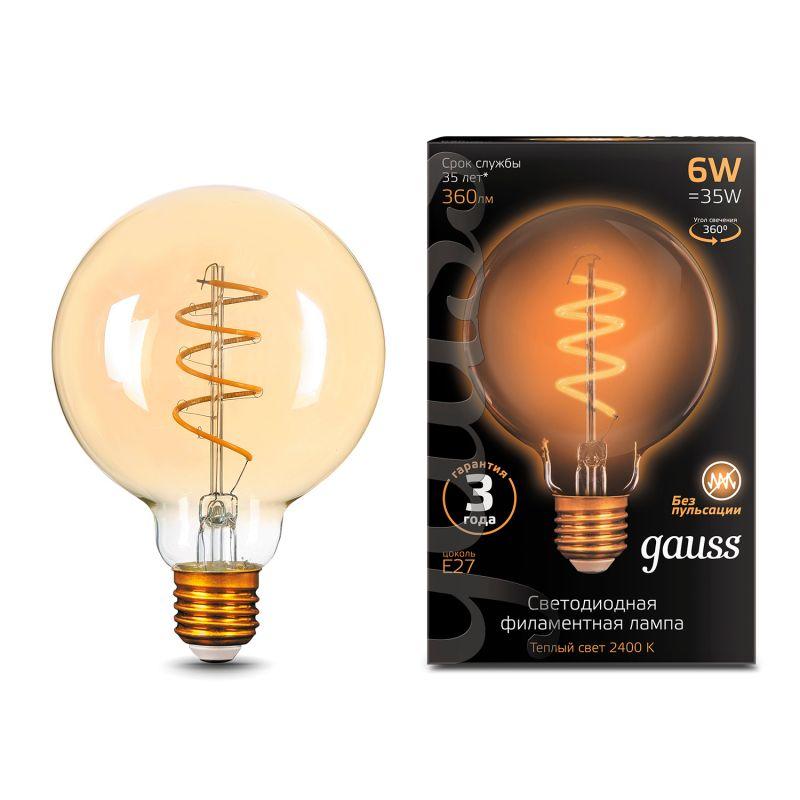 Лампа светодиодная филаментная Filament 6Вт G95 2400К тепл. бел. E27 360лм flexible golden GAUSS 105802007