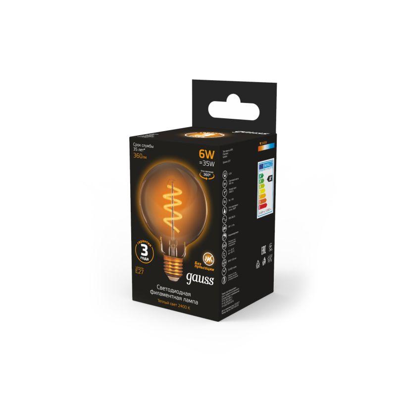 Лампа светодиодная филаментная Filament 6Вт G95 2400К тепл. бел. E27 360лм flexible golden GAUSS 105802007