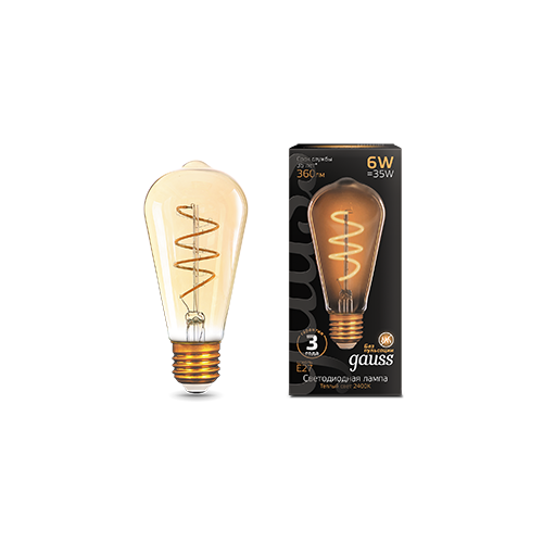 Лампа светодиодная филаментная Filament 6Вт ST64 2400К тепл. бел. E27 360лм flexible golden GAUSS 157802006