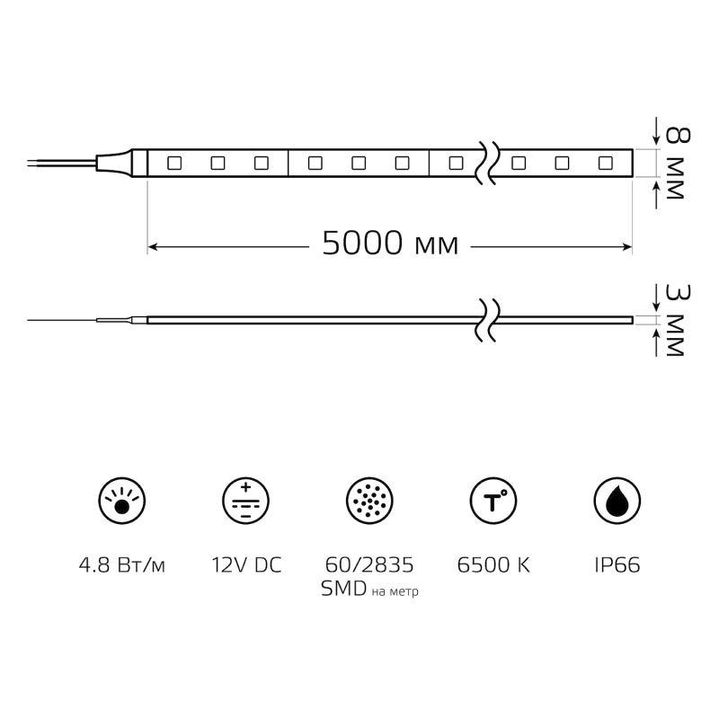 Лента светодиодная Elementary 4.8Вт/м 60LED/м бел. IP66 12В DC (уп.5м) GAUSS 356000305