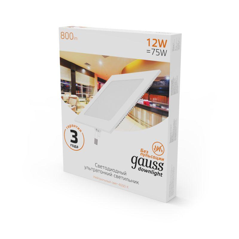 Светильник светодиодный Slim ДВО 12Вт 3000К IP20 800лм 180-265В d155х155мм 170х170х22мм квадрат встраив. монтажный GAUSS 940111112