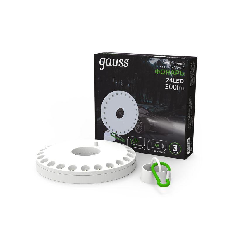 Фонарь светодиодный кемпинговый 24LED 300лм магнит и карабин элементы питания 3xAA (не в компл.) бел. GAUSS GF003