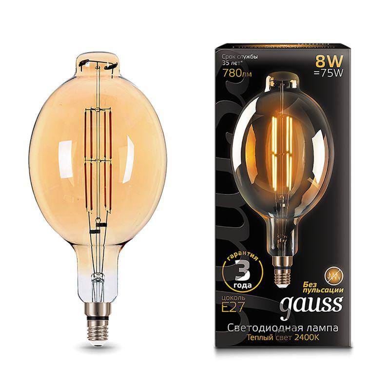 Лампа светодиодная LED 8 Вт 780 Лм 2400К теплая Е27 BT180 golden straight Filament Gauss (151802008)