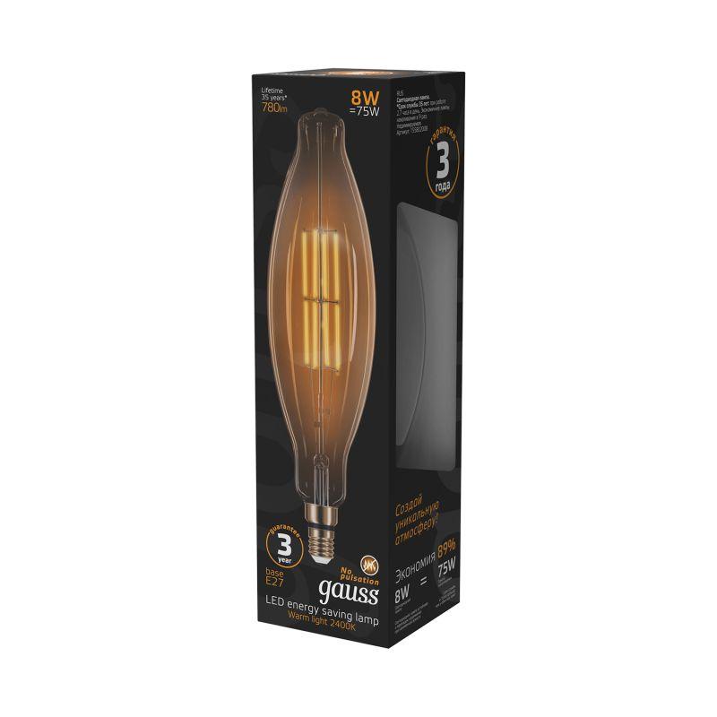 Лампа светодиодная LED 6 Вт 780 Лм 2400К теплая Е27 BT120 golden straight Filament Gauss (155802008)