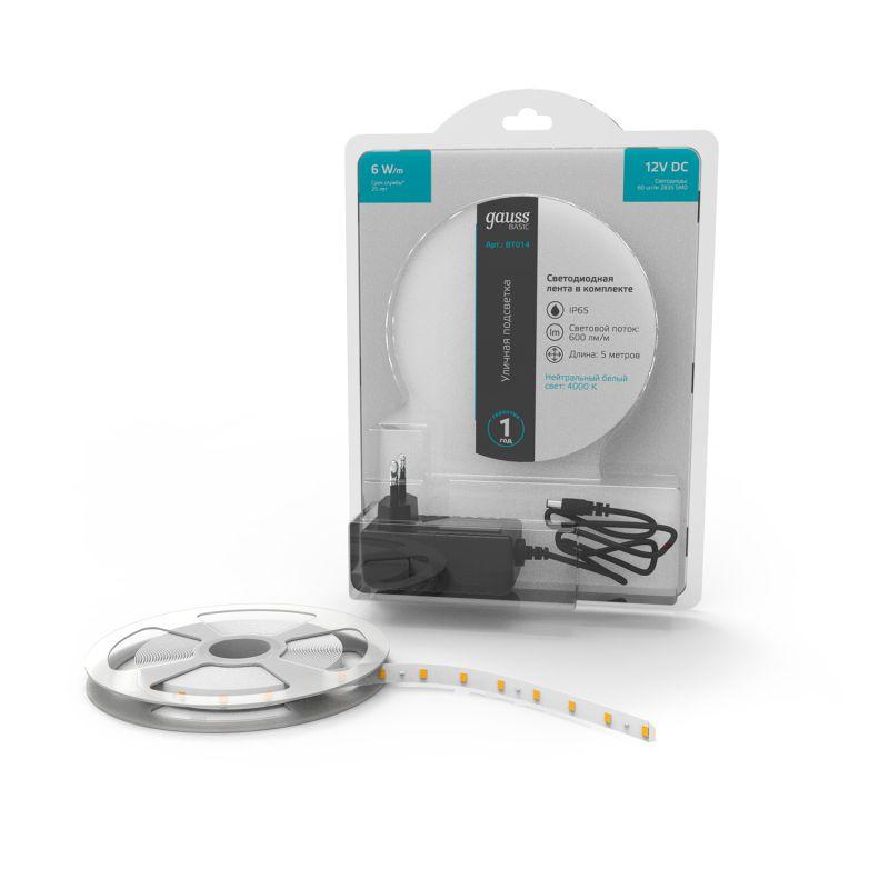 Лента светодиодная LED 6 Вт/м 600 Лм/м 2835-SMD 60 шт/м 12 В DC 4000К4000КIP65 блистер (5 м ) (комплект) Basic Gauss (BT014)