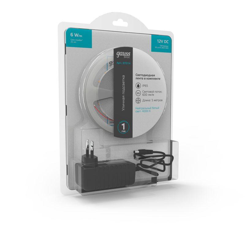 Лента светодиодная LED 6 Вт/м 600 Лм/м 2835-SMD 60 шт/м 12 В DC 4000К4000КIP65 блистер (5 м ) (комплект) Basic Gauss (BT014)