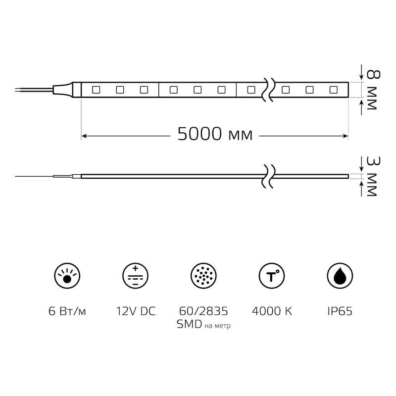 Лента светодиодная LED 6 Вт/м 600 Лм/м 2835-SMD 60 шт/м 12 В DC 4000К4000КIP65 блистер (5 м ) (комплект) Basic Gauss (BT014)