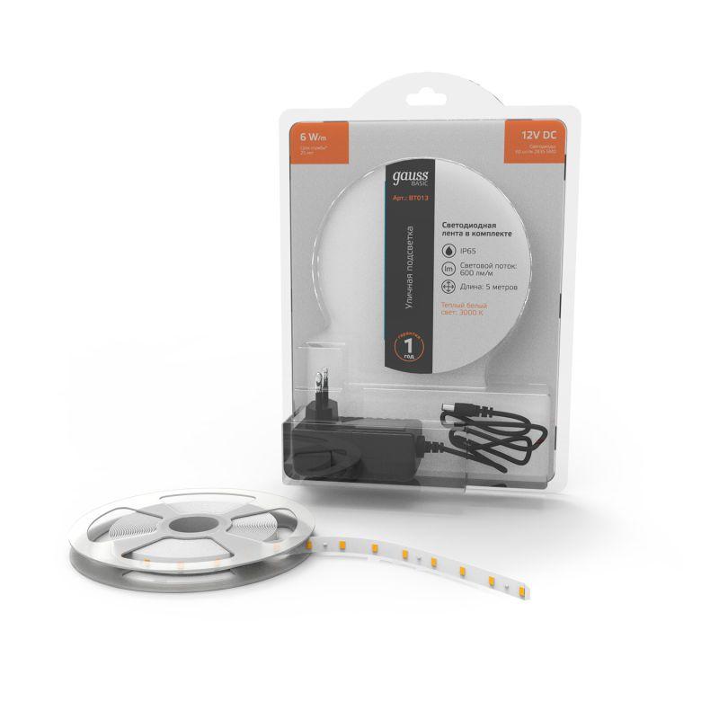 Лента светодиодная LED 6 Вт/м 600 Лм/м 2835-SMD 60 шт/м 12 В DC 3000К теплый белый IP65 блистер (5 м ) (комплект) Basic Gauss (BT013)