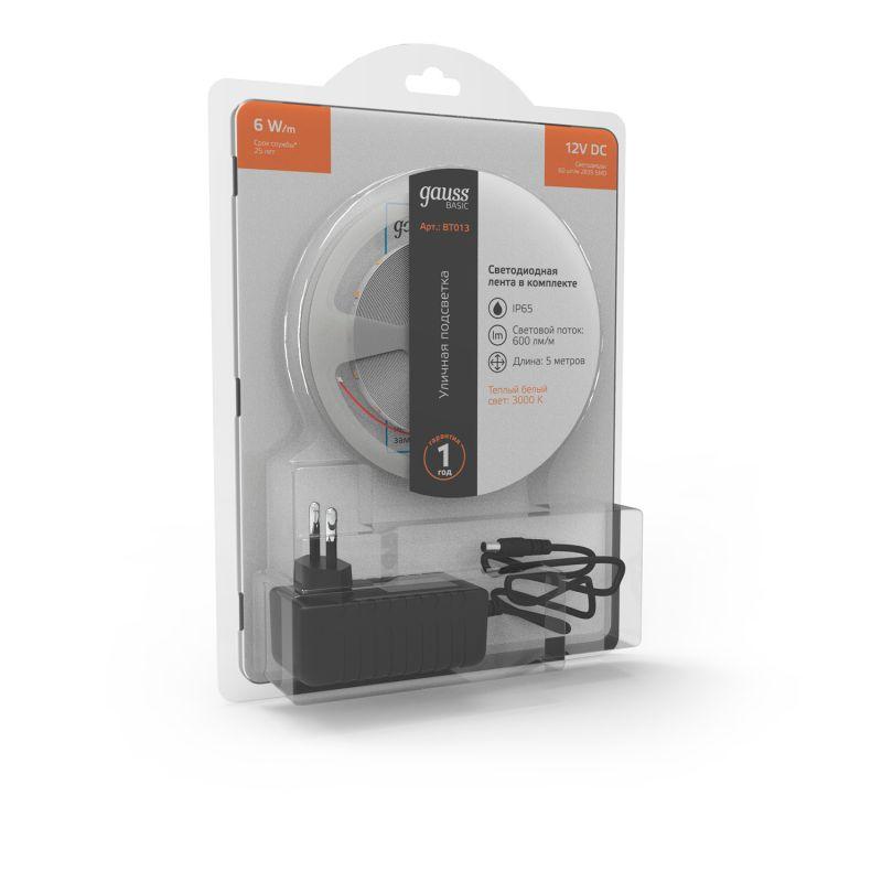 Лента светодиодная LED 6 Вт/м 600 Лм/м 2835-SMD 60 шт/м 12 В DC 3000К теплый белый IP65 блистер (5 м ) (комплект) Basic Gauss (BT013)