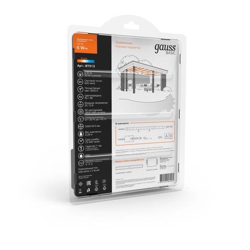 Лента светодиодная LED 6 Вт/м 600 Лм/м 2835-SMD 60 шт/м 12 В DC 3000К теплый белый IP65 блистер (5 м ) (комплект) Basic Gauss (BT013)