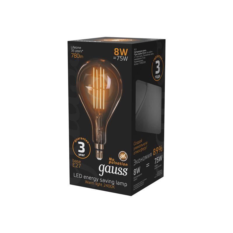 Лампа светодиодная LED 8 Вт 780 Лм 2400К теплая Е27 А160 golden straight Filament Gauss (149802008)
