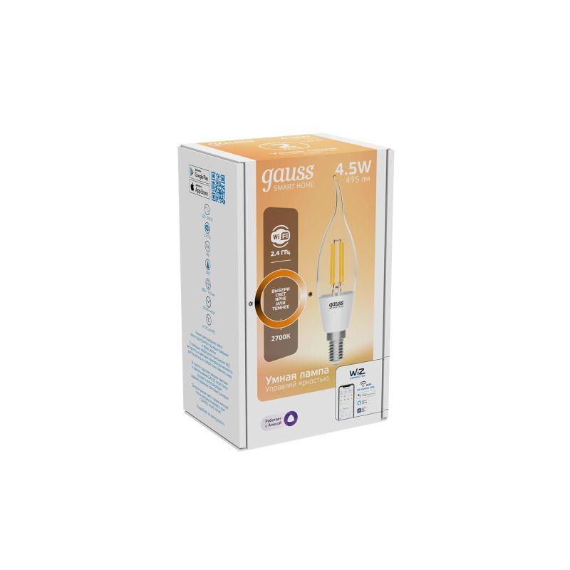 Лампа светодиодная умная LED 4.5 Вт 495 Лм 2700К E14 свеча на ветру диммируемая управление по Wi-Fi Smart Home Filament Gauss (1260112)