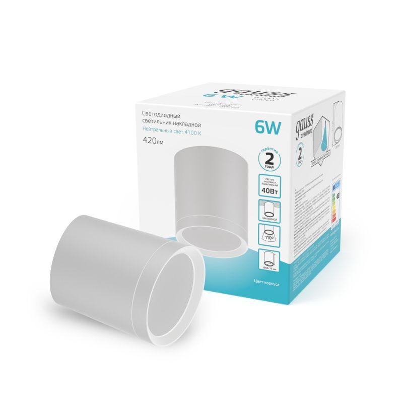 Светильник светодиодный ДПО 6 Вт 420 Лм 4100К цилинндр накладной 170-240 В 68х75 мм IP20 белый с рассеивателем LED Overhead Gauss (HD022)