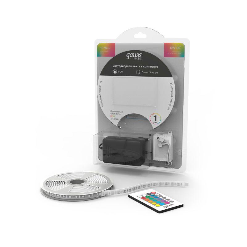 Лента светодиодная LED 10 Вт/м 700 Лм/м 5050-SMD 60 шт/м 12 В DC RGB RGB IP20 блистер (3 м ) (комплект) Basic Gauss (BT041)