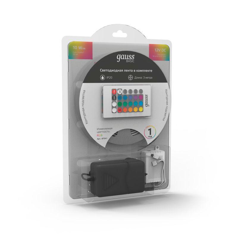 Лента светодиодная LED 10 Вт/м 700 Лм/м 5050-SMD 60 шт/м 12 В DC RGB RGB IP20 блистер (3 м ) (комплект) Basic Gauss (BT041)