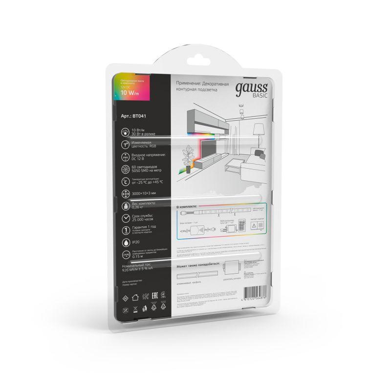 Лента светодиодная LED 10 Вт/м 700 Лм/м 5050-SMD 60 шт/м 12 В DC RGB RGB IP20 блистер (3 м ) (комплект) Basic Gauss (BT041)