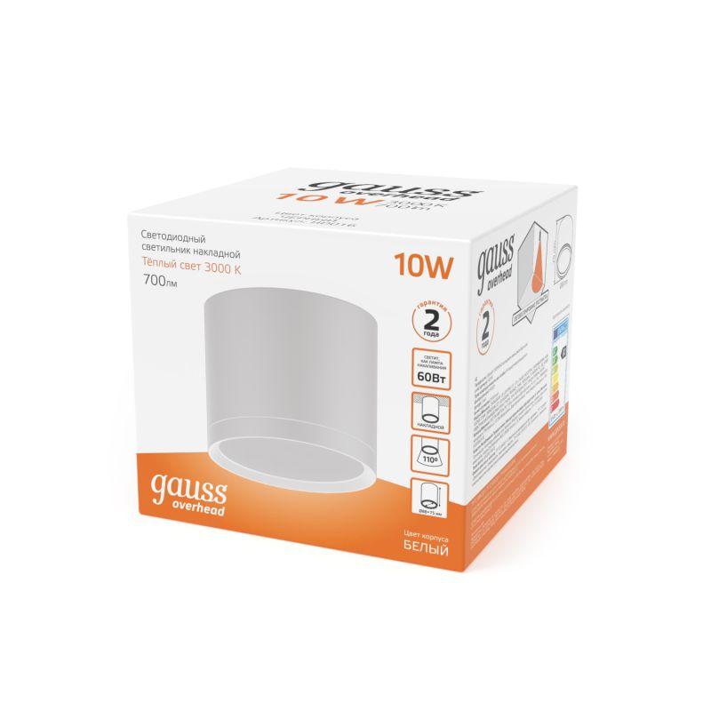 Светильник светодиодный ДПО 10 Вт 700 Лм 3000К цилинндр накладной 170-240 В 88х75 мм IP20 белый с рассеивателем LED Overhead Gauss (HD025)