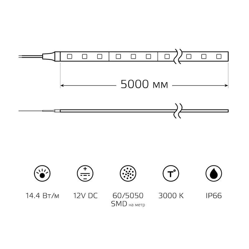 Лента светодиодная LED 5050/60-SMD 14.4W 12V DC теплый белый IP66 5м (311000114)