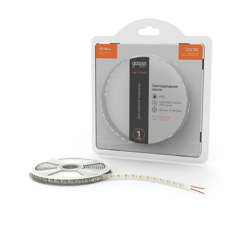 Лента светодиодная LED 10 Вт/м 700 Лм/м 5050-SMD 60 шт/м 12 В DC 3000К теплый белый IP65 блистер (5 м ) Basic Gauss