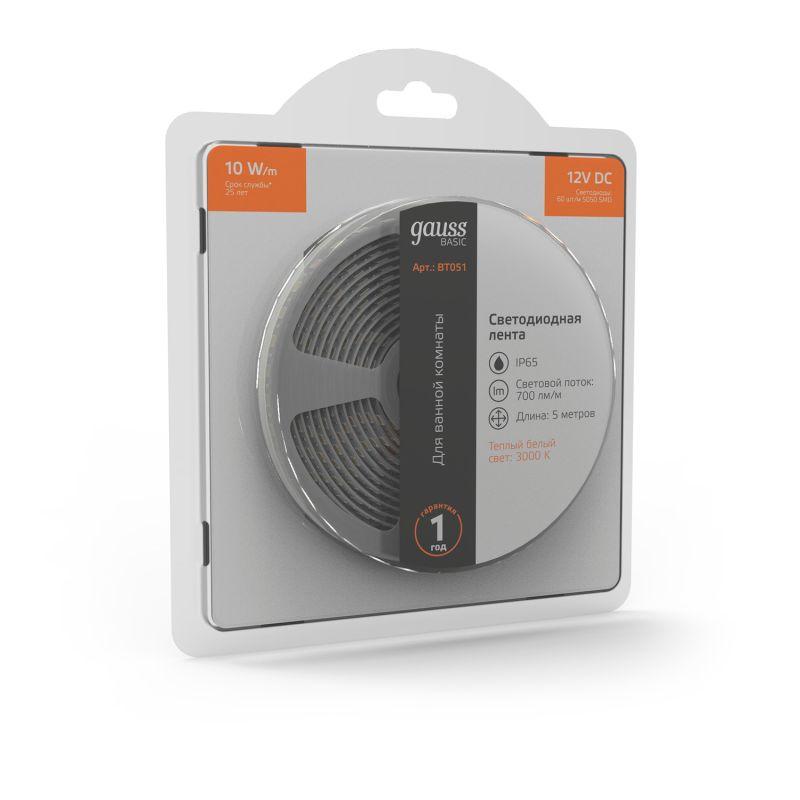 Лента светодиодная LED 10 Вт/м 700 Лм/м 5050-SMD 60 шт/м 12 В DC 3000К теплый белый IP65 блистер (5 м ) Basic Gauss