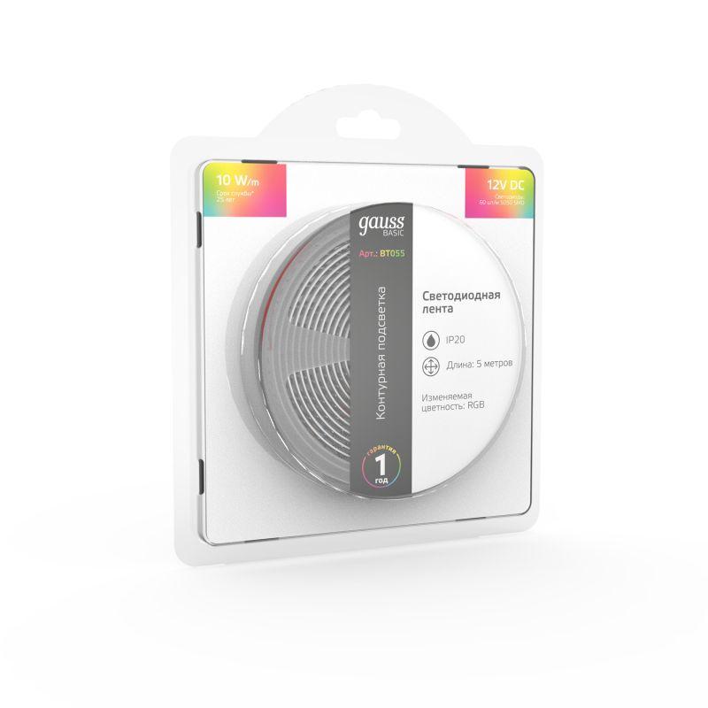 Лента светодиодная LED 10 Вт/м 700 Лм/м 5050-SMD 60 шт/м 12 В DC RGB RGB IP20 блистер (5 м ) Basic Gauss