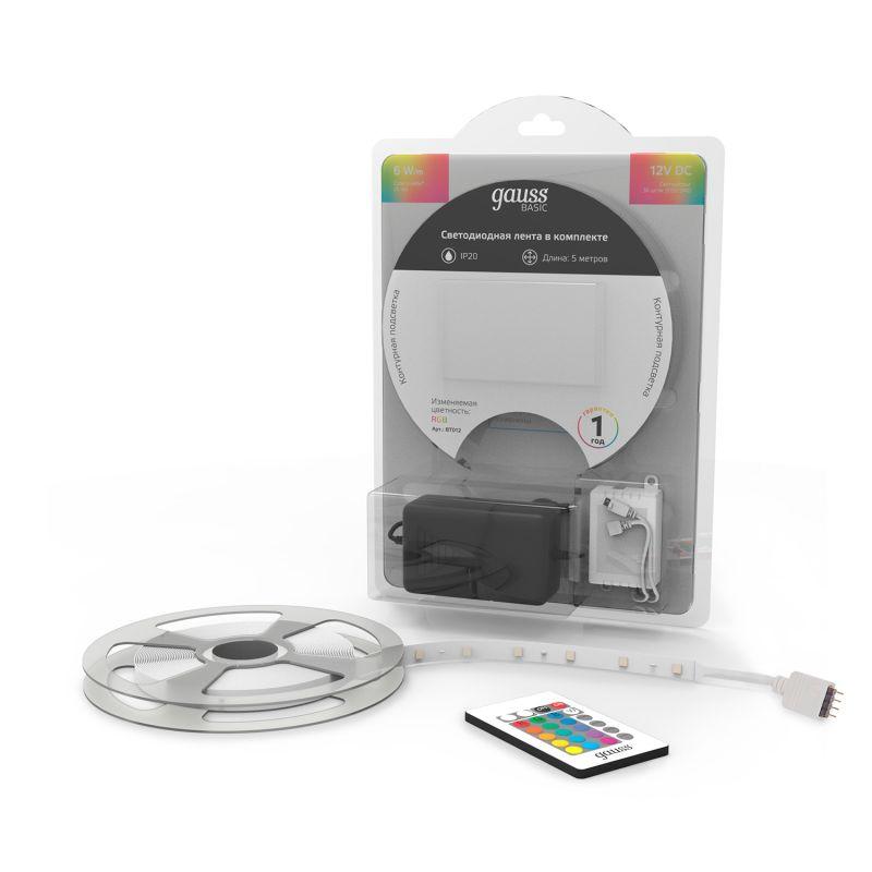 Лента светодиодная LED 6 Вт/м 390 Лм/м 5050-SMD 30 шт/м 12 В DC RGB RGB IP20 блистер (5 м ) (комплект) Basic Gauss