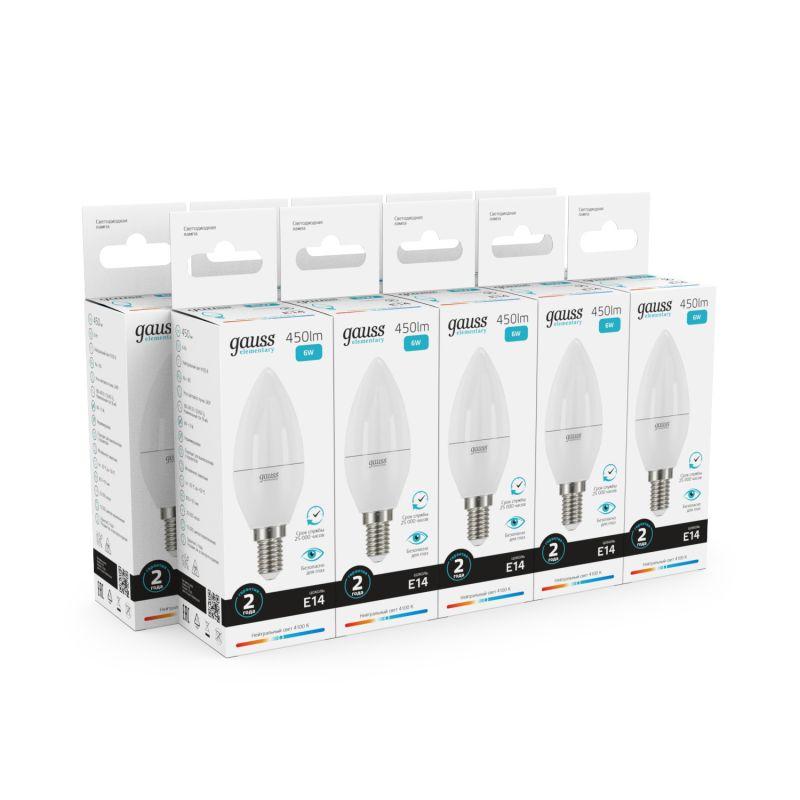 Лампа светодиодная Elementary 6Вт свеча 4100К бел. E14 450лм 180-240В Gauss 33126