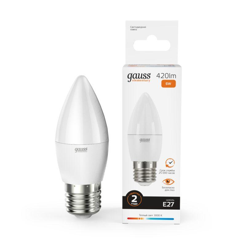 Лампа светодиодная Elementary 6Вт свеча 3000К тепл. бел. E27 420лм 180-240В Gauss 33216